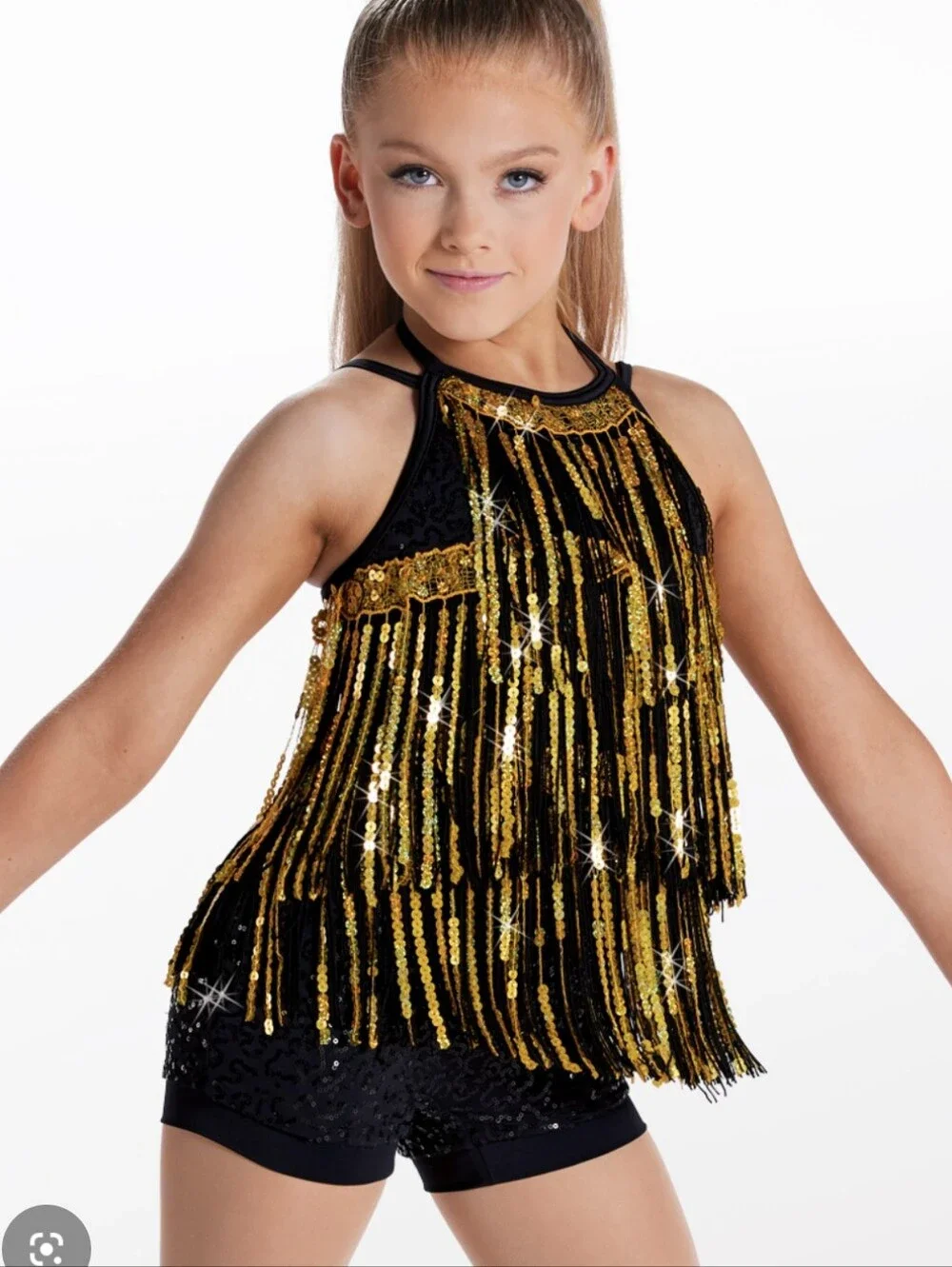 Weissman Girls SC Boom Boom Black & Gold Sequin Fringe Biketard Dance Costume